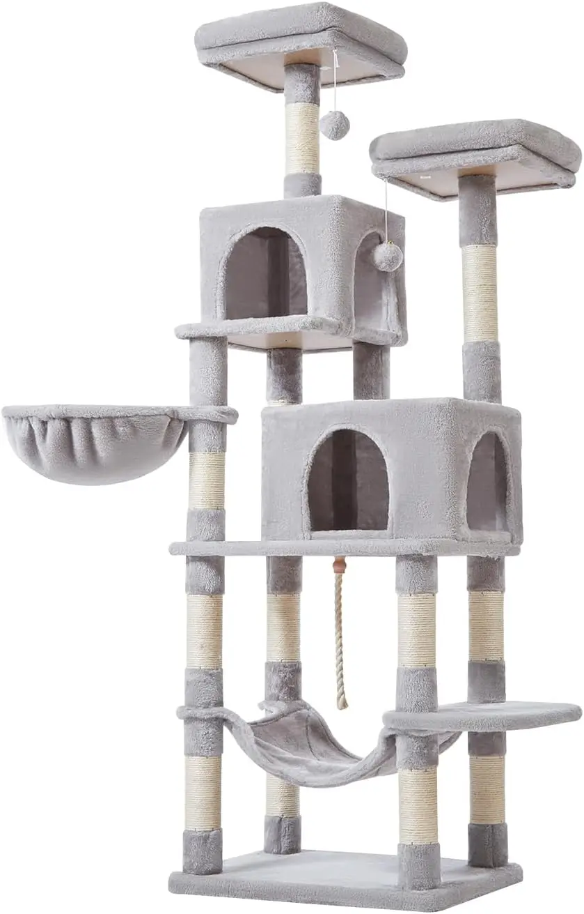 

Cat Tree 66 Inch Indoor Cat Scratching & Climbing Tool Plush Multi-Layer Cat Nest 2 Perches / Caves / Hammocks / Pom Poms