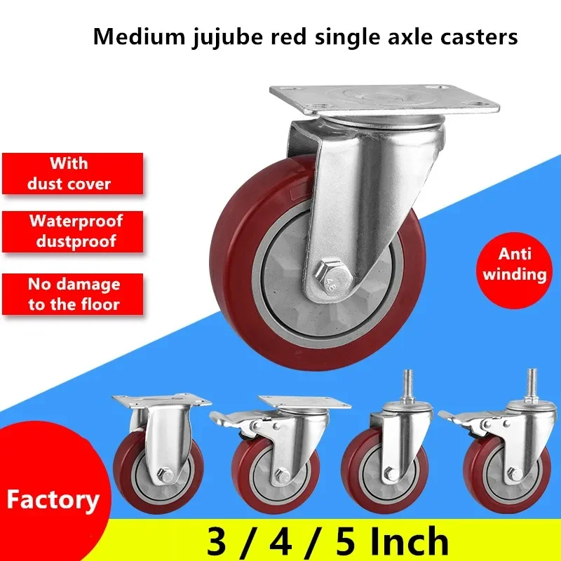 4 Pcs/Lot 3 Inch Medium Size Jujube Red Casters Flat Plate Brake Universal Rolling Wheels Silent Anti Winding Bearing PVC