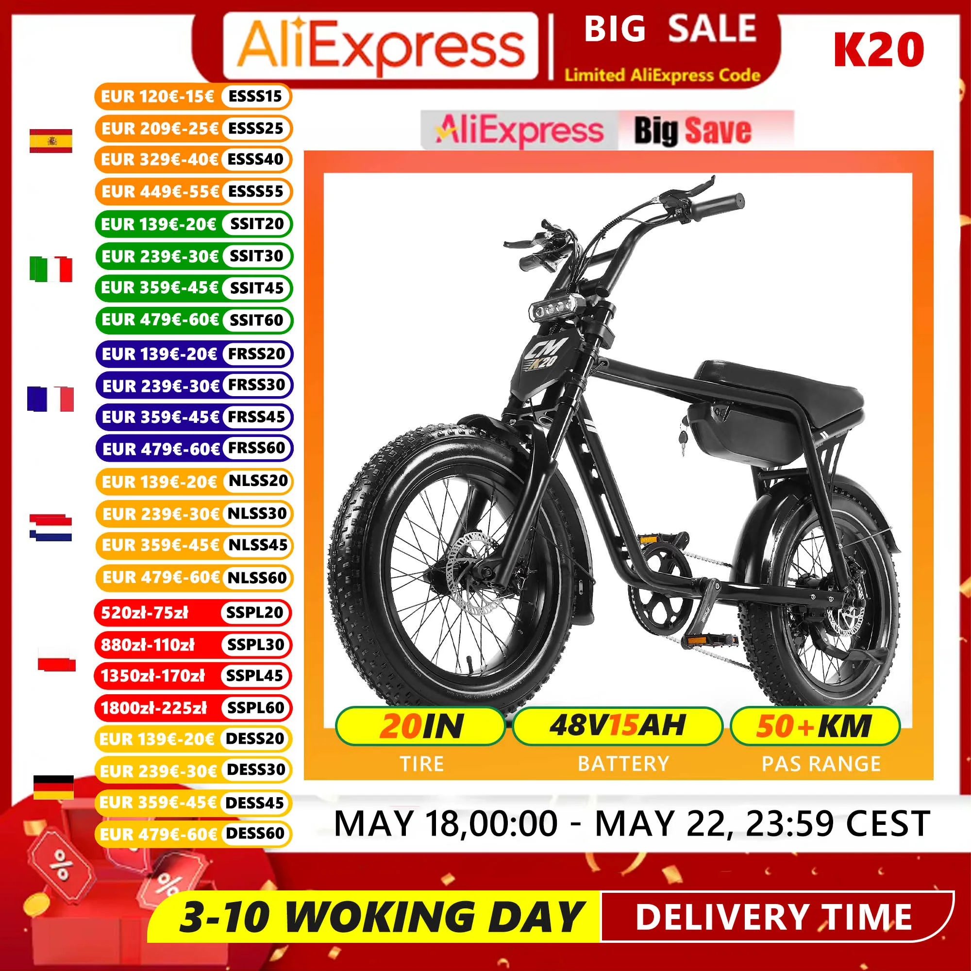 Vélo électrique CMACEWHEEL K20 eBIKE Peak 1000W, 48V15Ah, pneus larges, 20 pouces, VTT électrique pour adultes