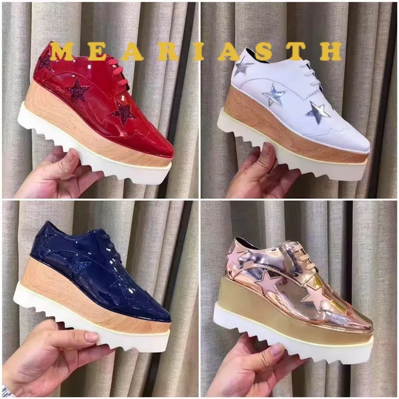 Shiny Five-pointed toe Stars Flat Platform Women Shoes Square Toe Lace Up patent Leather Wedges British Style Casual Shoes Woman