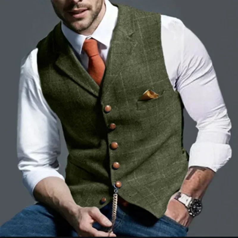 Men\'s Retro Suit Vest Fashion Plaid Lapel Single-breasted Waistcoat with Pocket Business Casual Formal Vest Tops Men\'s Clothing