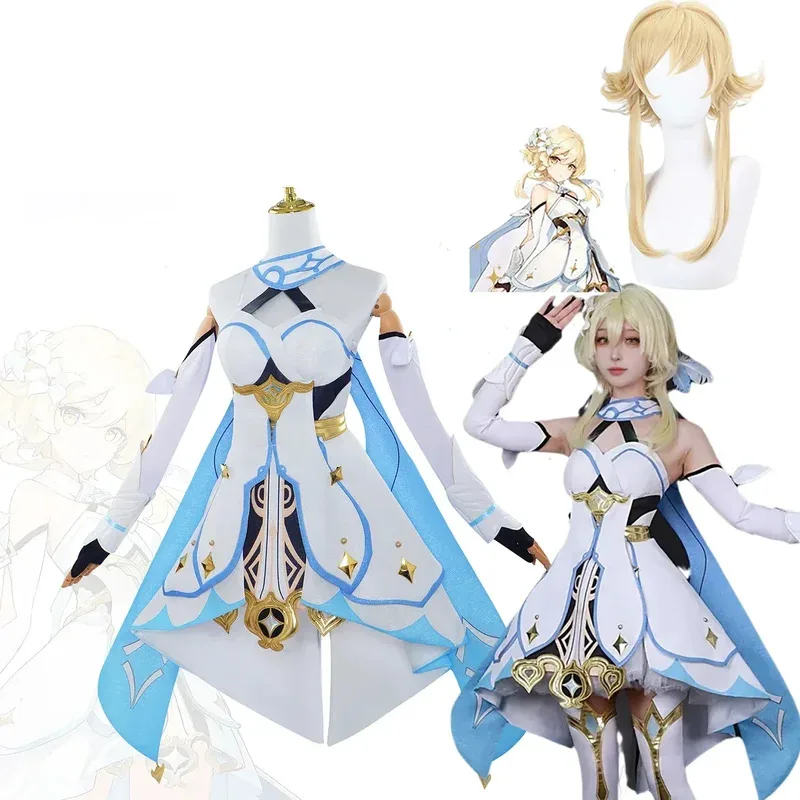 

Genshin Impact Lumine Cosplay Costume Full Set with Wig & Prop, Anime Roleplay Game Comic Con Halloween Party Outfit for Women