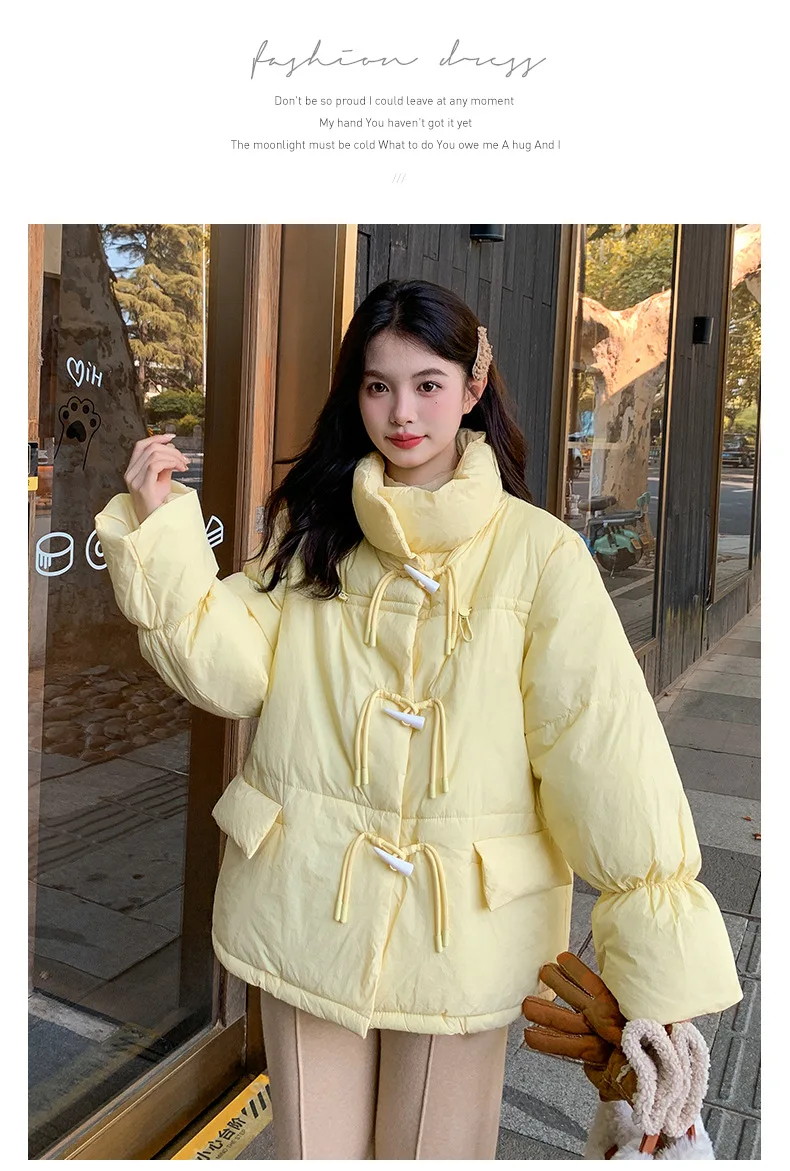 Korean Sweet Short Down Cotton Jacket for Women Stand Collar Toggle Button Puffer Parkas Woman Loose Candy Color Padded Jacket