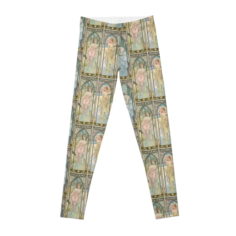 Alphonse Mucha Alfons Mucha Times of the Day Leggings joggers for jogging pants Womens Leggings