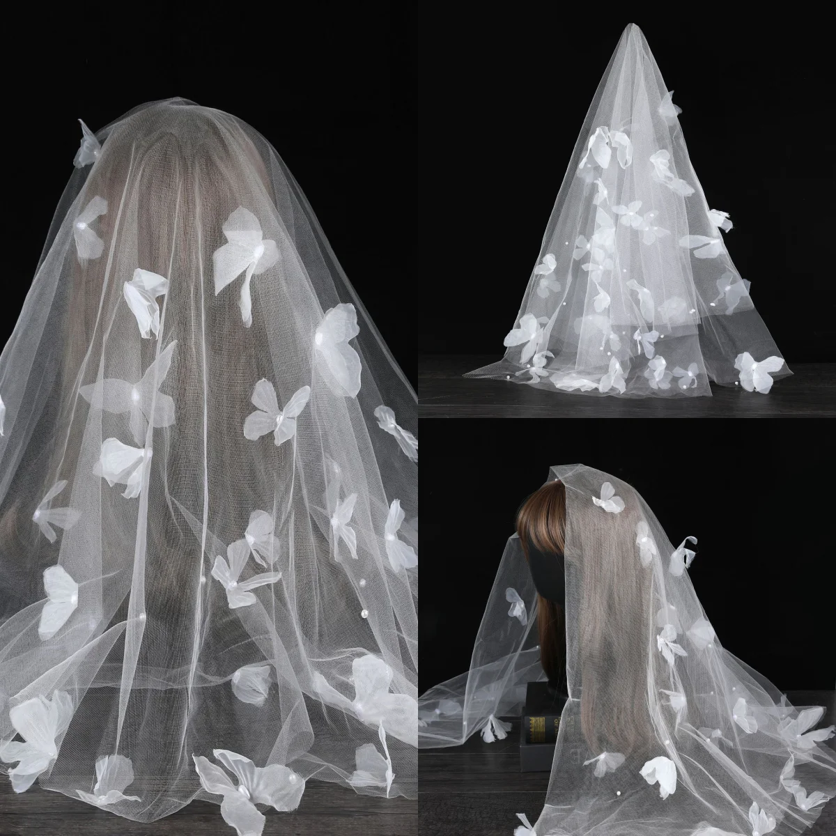 Sweety Pearls One Layer Long Shoulder Length Veils 3D Butterfly Appliques Wedding Veil Applique Edge Velo De Cabeza Bride Voile