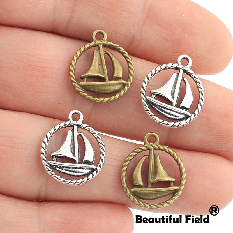 25pcs 15X15mm Antique Tibetan Silver Bronze Charms Bracelet Necklace Pendant Fashion Sailboat Traffic A144