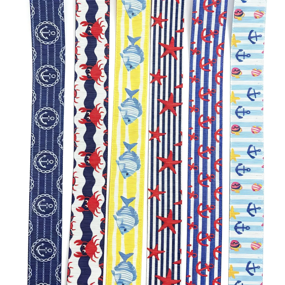 50yards Nautical Theme Printed Grosgrain Ribbon Anchor Starfish Crab Fish Pattern Ribbon for Hair Bows Gift Wrapping DIY Craft