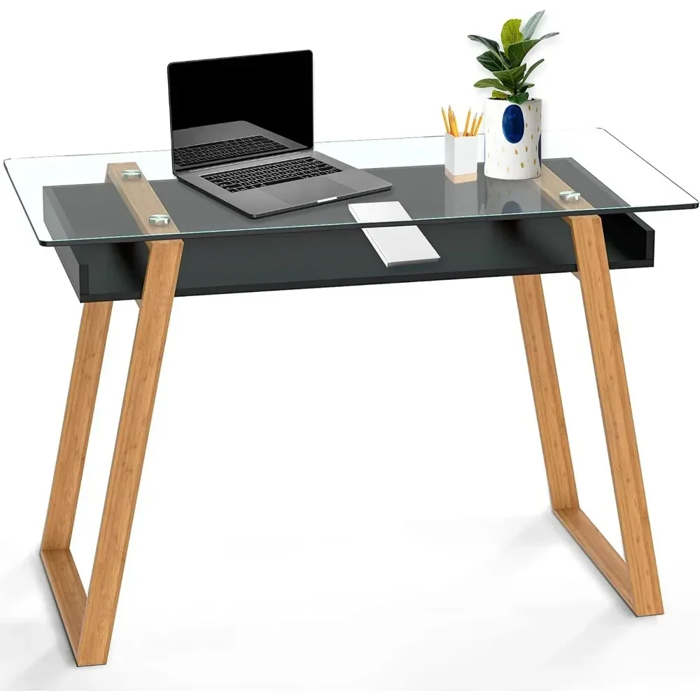 

Writing Desk, 43 Inch, Modern Computer Desk for Small Spaces, 43" Desk Study Table W/Glass Top and Shelf Space Writing Desk