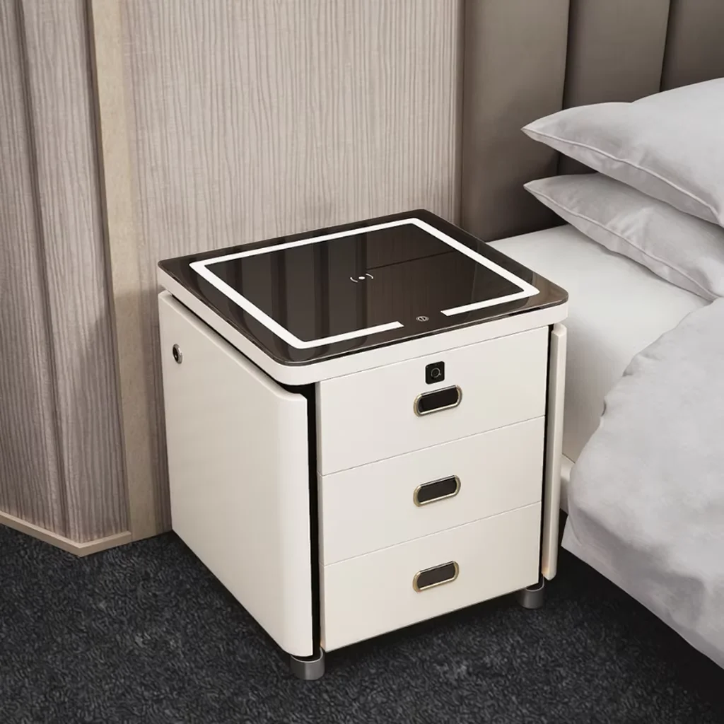 مصباح LED ذكي حديث بجانب السرير، منضدة خشبية متعددة الوظائف مع قفل بصمة الإصبع #4