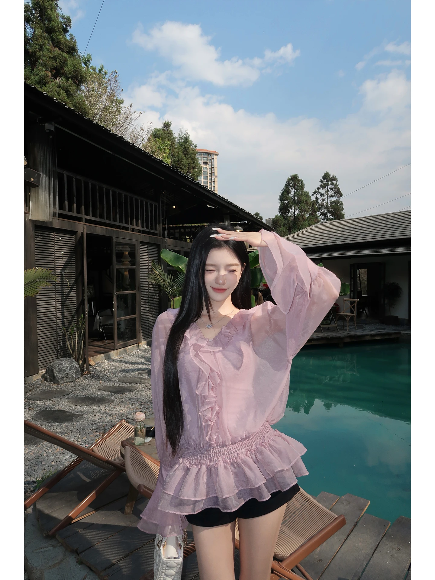 

WANG Gentle Fairy Purple Low Waist irt Top Lace Trim Blouse Loose Fit Long Sve V Ne Daily Wear for Young Women