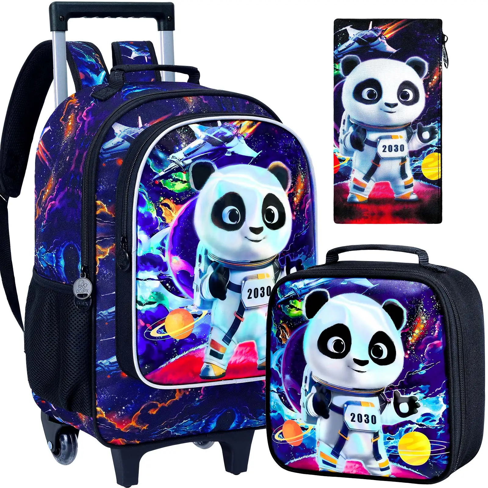 Sac à dos panda roulant pour garçons, sac à livres d'école à roulettes pour enfants avec sac à déjeuner, sac d'école à roulettes pour enfants