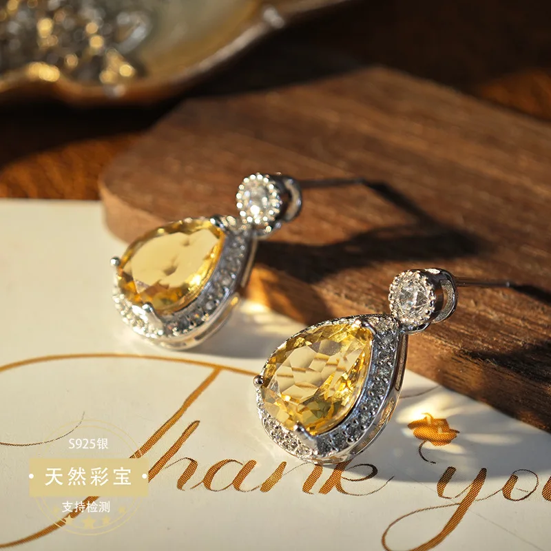 

Real 925 Silver Stud Earrings for Women Gift Genuine Pear Shape Citrine Elegant Girl Lady Birthday Gift with Certificate