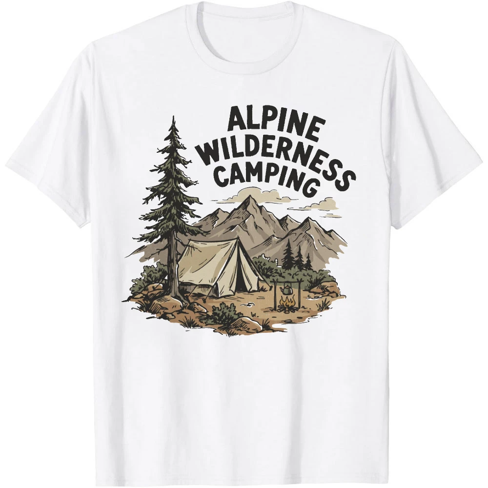Alpine Wilderness Camping Mountain Pine Tent Graphic Men Summer T Shirt Outdoor Hiking Retro Short Sleeve Apparel