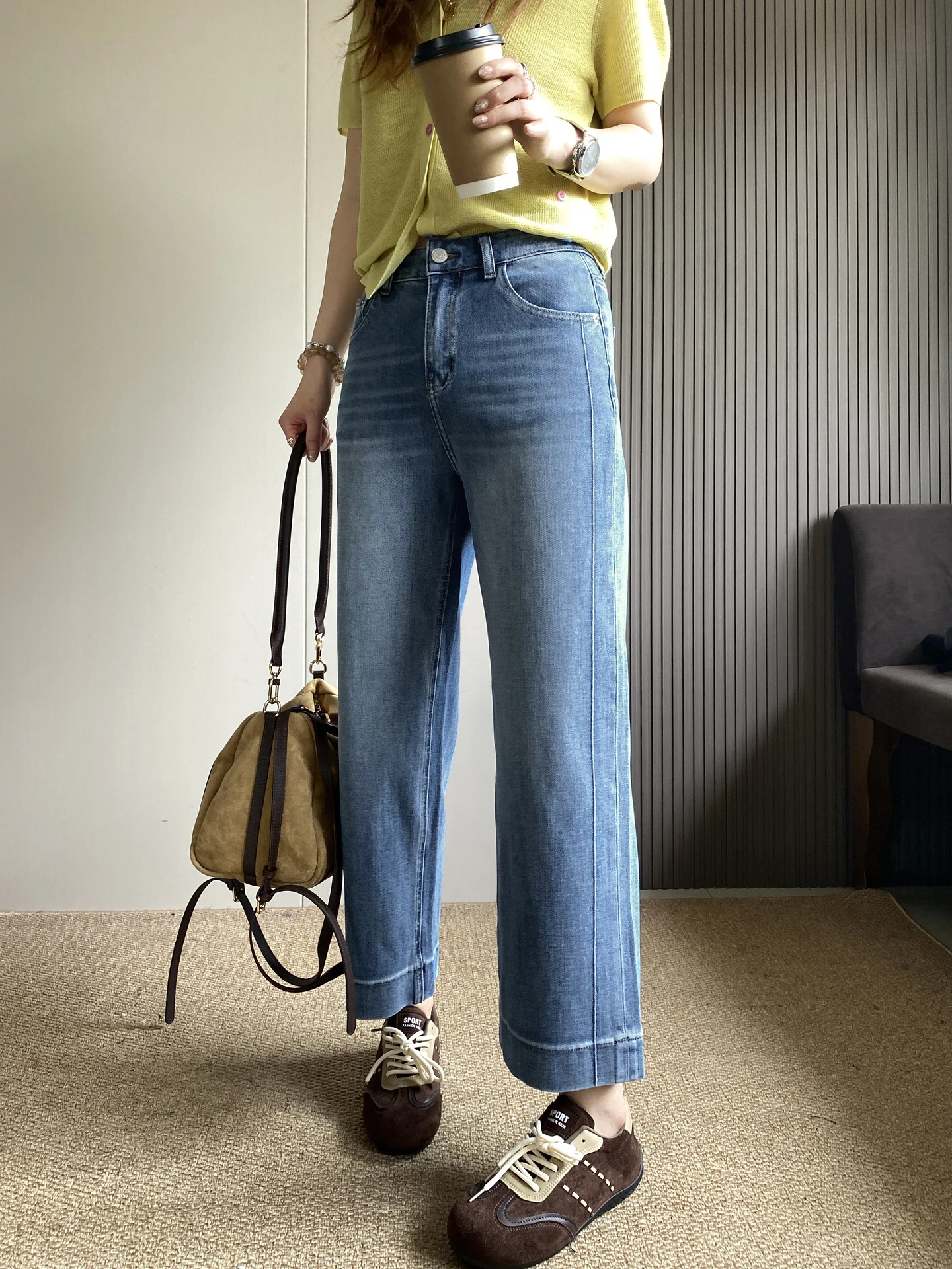 

Spring 2026 Women's High Waist Loose Fit Straight Leg Jeans Blue Wide Leg Jeans Four Way Stretch Slimming Nine Point Jeans