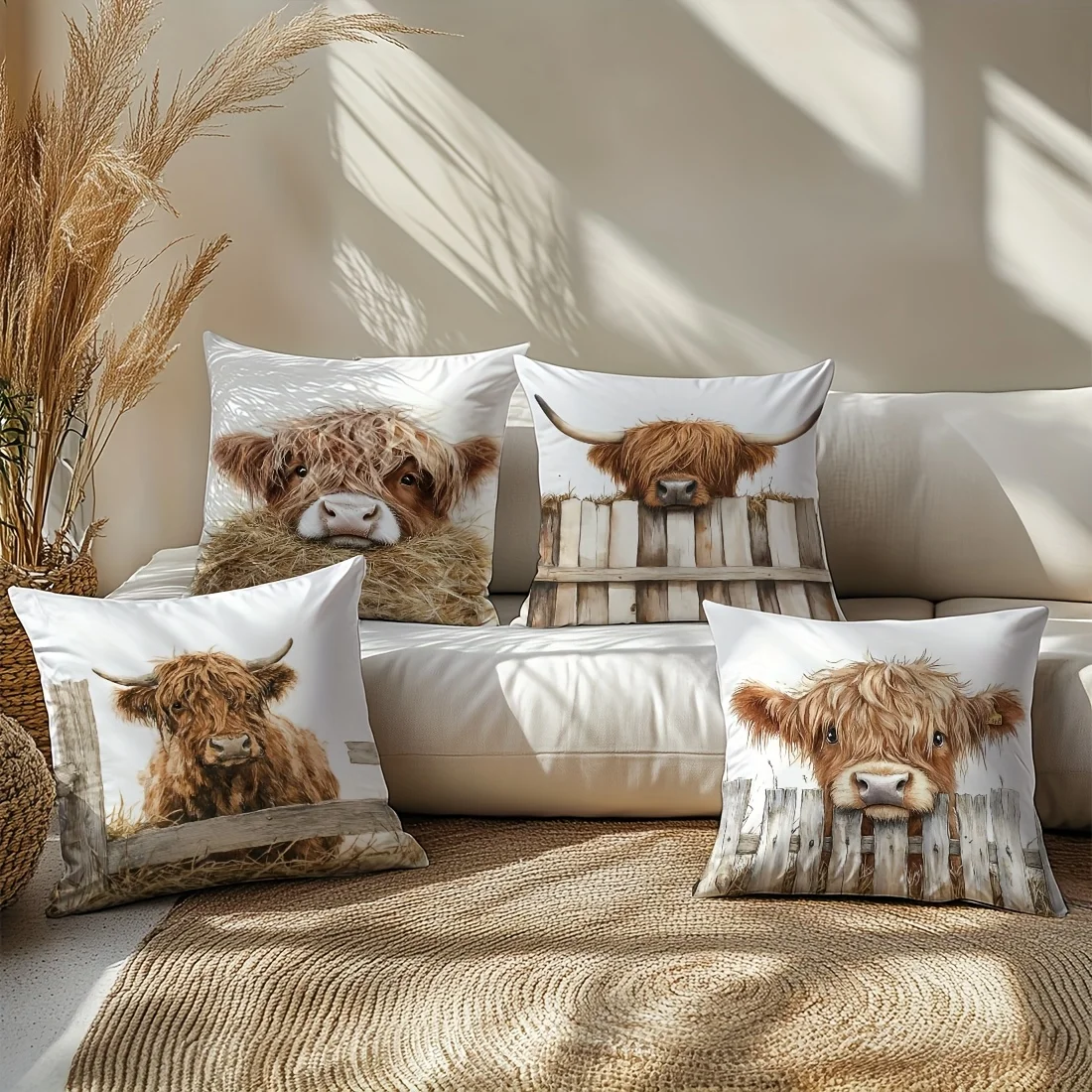 4Pcs Highland Cow Pillow Covers 45x45cm Double-sided Printed Cute Cattle Cushion Cases Farm Animal Home Decor Throw Pillows No