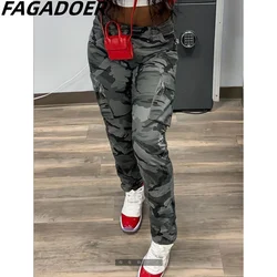 FAGADOER Fashion Camouflage Printing Cargo Pants Women High Waist Pocket Straight Trousers Autumn Casual Sporty Matching Bottoms