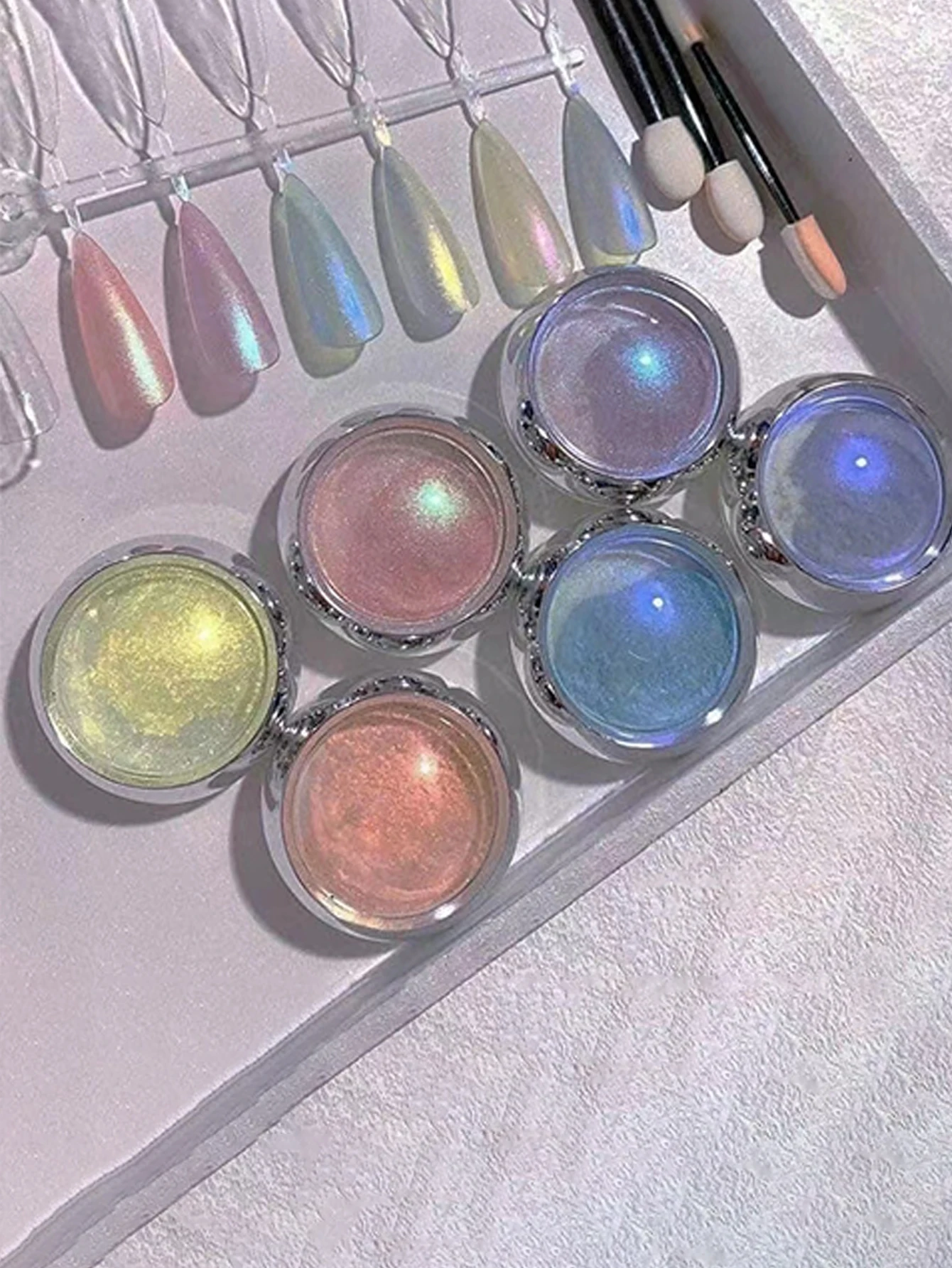 6 stuks Auroras nagelpoeder metallic spiegeleffect holografisch kameleonpigment voor nail art gel polish zeemeermin dompelen