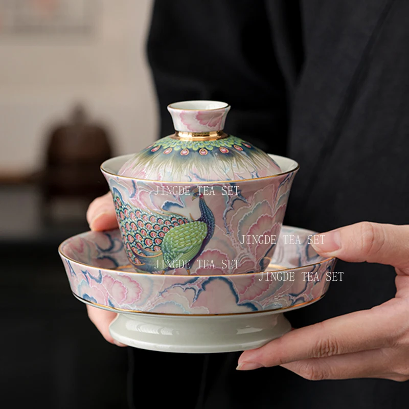 

180 мл эмалированная цветная крытая чаша Sancai, чайный сервиз с павлином, кунг-фу, бытовая и офисная керамическая чаша для чая, китайская чашка для чая