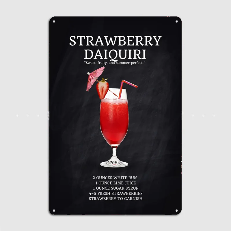 Strawberry Daiquiri Cocktail Recipe Drink Poster Retro Metal Custom Sign Pub Club Room Decoration Bar Posters Home Wall Decor