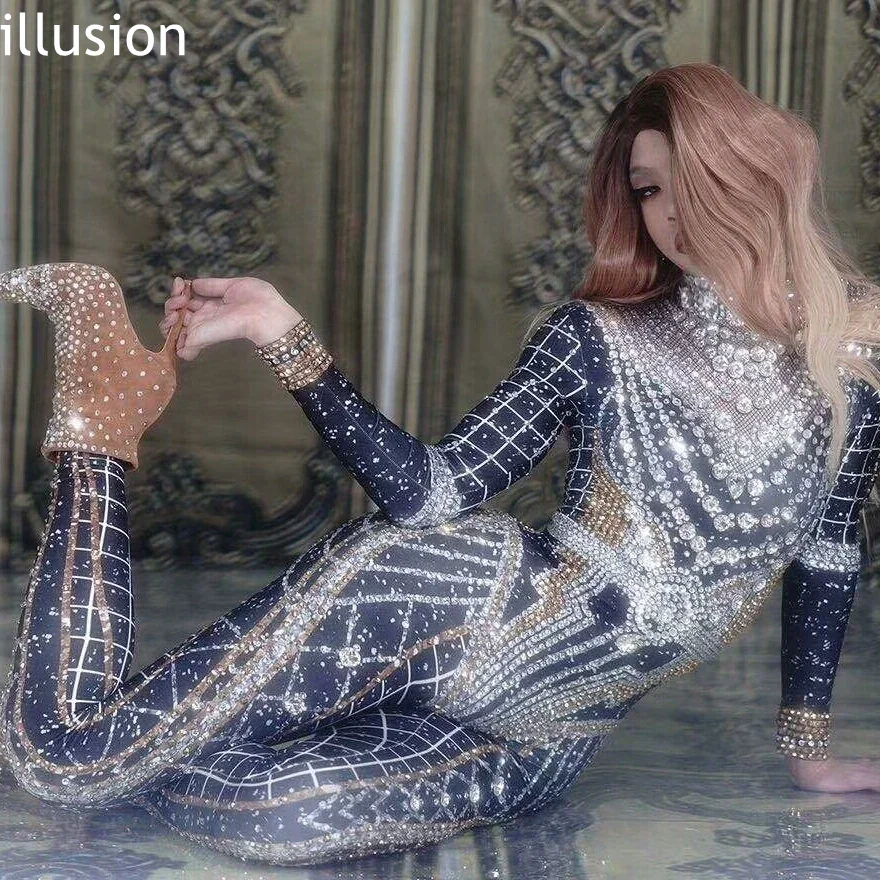 

Sparkly Rhinestones Crystal Jumpsuit Women Long Sleeve Spandex Nightclub Bar Prom Party Outfit Singer Jazz Dance Stage Costume