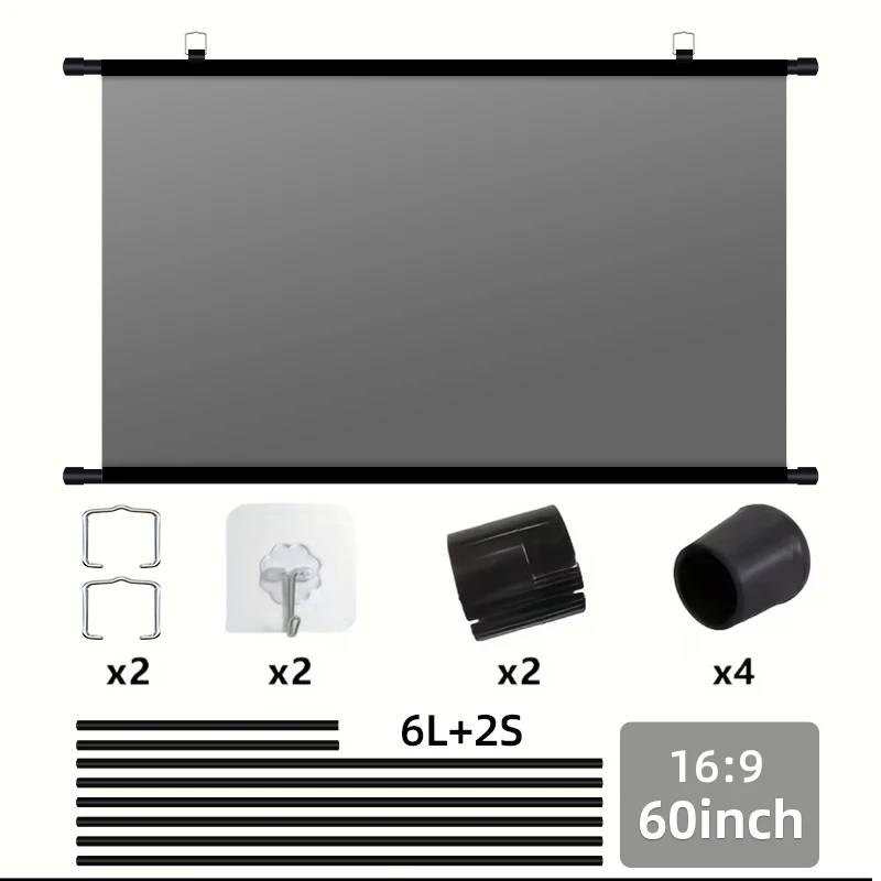 60 Inch 16:9 Grey Anti-Light Pull Down Projector Screen No Drill Wall Mount 4K 3D HD Projection Curtain For Home Theater Office