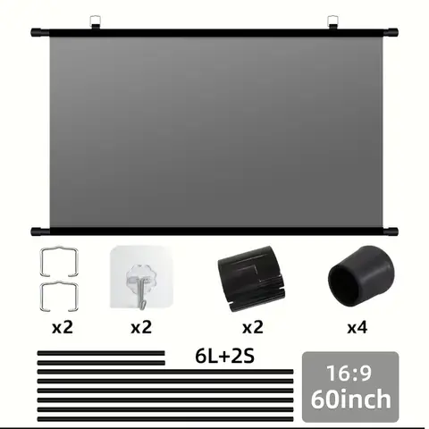 60 Inch 16:9 Grey Anti-Light Pull Down Projector Screen No Drill Wall Mount 4K 3D HD Projection Curtain For Home Theater Office