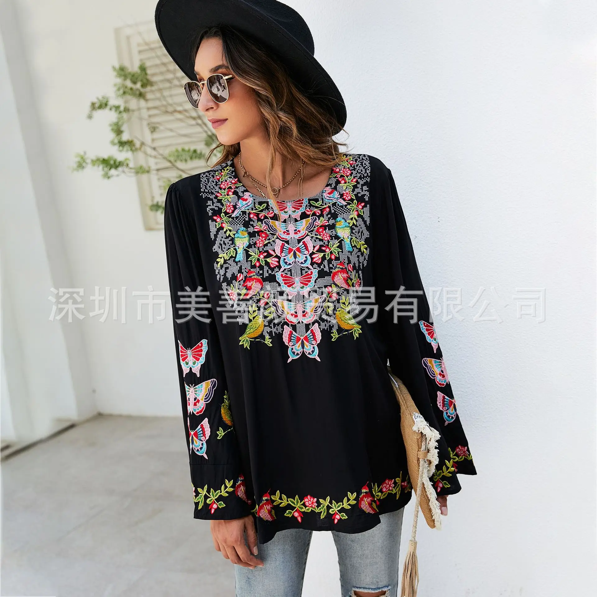 Women\'s Embroidery Blouse Ethnic Style Stitching Long Sleeve Loose Bohemian Chic Plus Size Causal Floral Shirt for Ladies Tunic