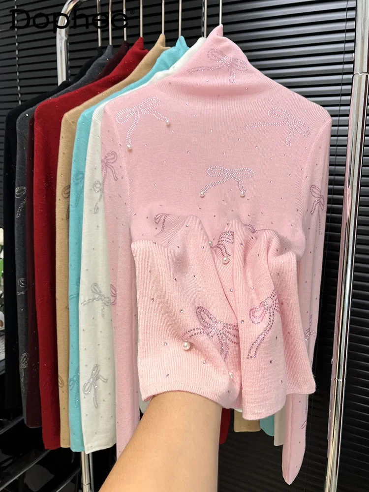 

Hot Diamond Bead Turtleneck Wool Knitted Bottom Shirt Women's Autumn and Winter Versatile Skinny Long Sleeve Inner Top