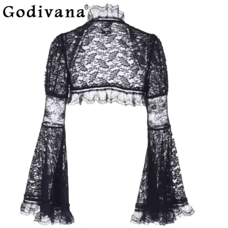 

Halloween Goth Black Lace Flare Sleeve Witch Blouse Women Retro Stand-up Collar Slim Fashion Banquet Versatile Cardigan Tops