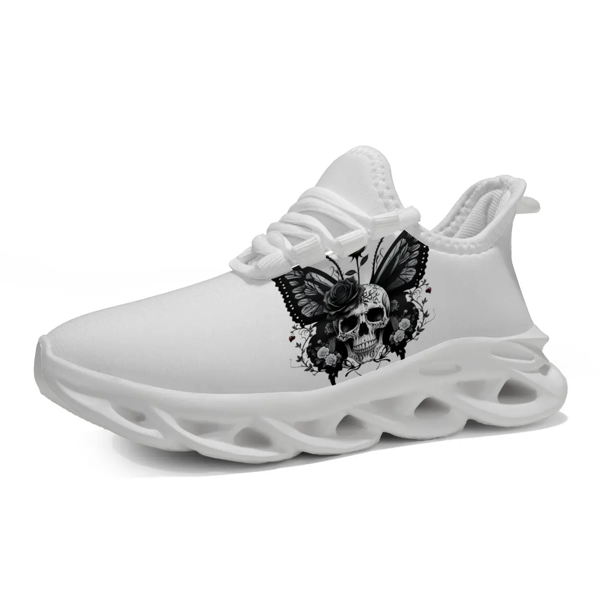 

Белые кроссовки с черепом, бабочкой и розой, мужские кроссовки для бега, ходьбы, вязаная обувь, повседневные кроссовки, легкая уличная женская обувь