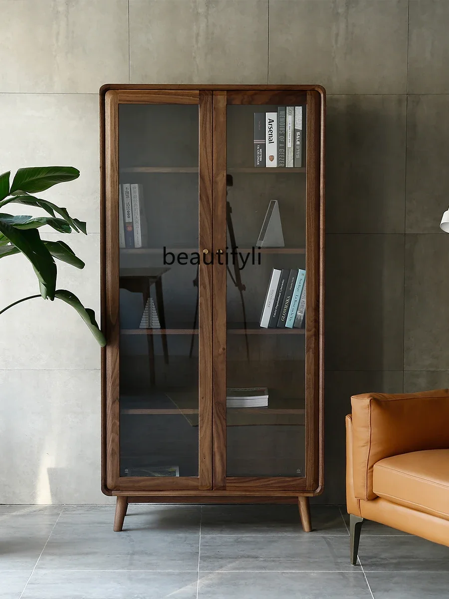 North America Black Walnut Wooden Bookcase Solid Wood Nordic Simple Storage Cabinet Living Room Full Wall Bookshelf