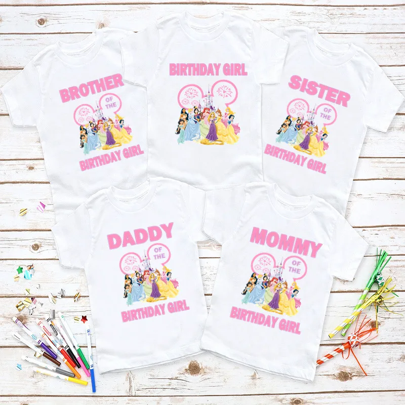 Disney Family Matching Outfits For Birthday Girl Princess Theme Kawaii Family Look Party T-shirt Kids Clothes Father Mother