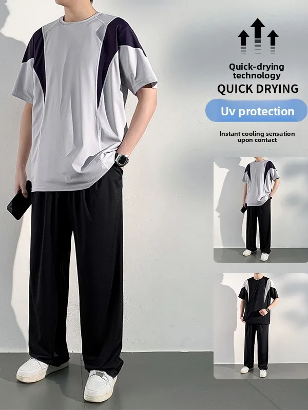 

American Splice Color Blo ort Sve T-irt And Long Pants Men's Summer Qui Dry Breathable Sports Casual Faion Set