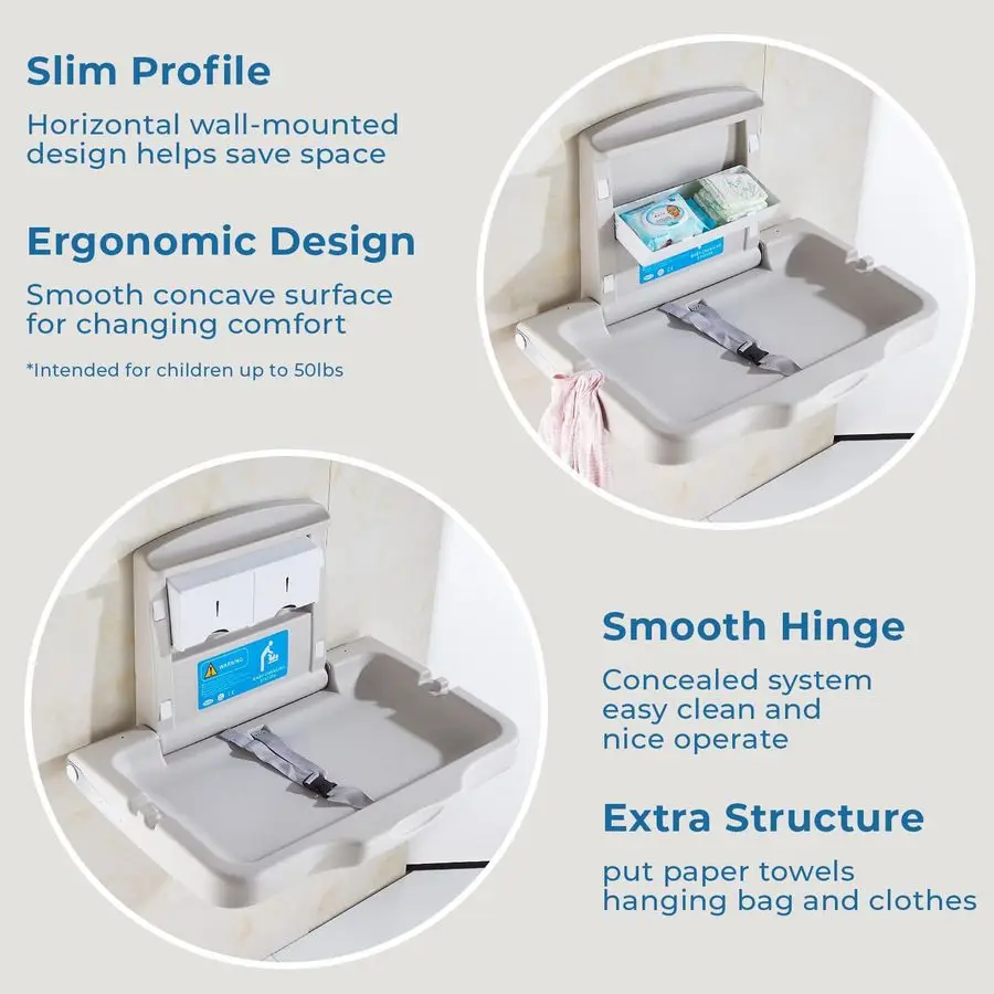 Changing Station Wall Mounted Baby Changing Table Foldable Diaper Changing Unit Commercial Restrooms Horizontal HDPE Meterial wi