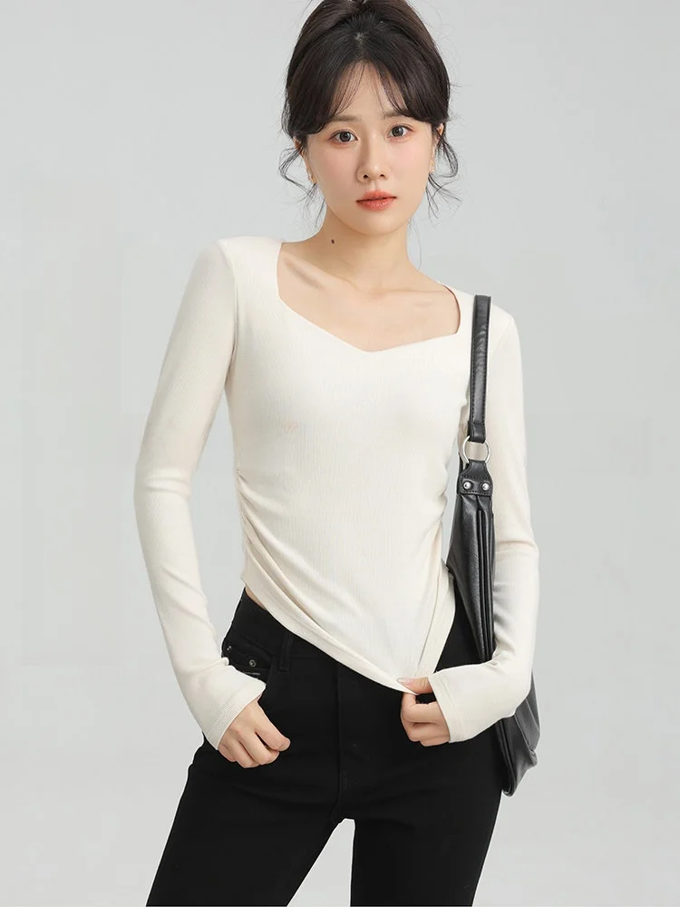 

Slim Fit Long Sve T-irt Women's Casual Sle Waist Cinched oulder Square Collar ort Length Top Ele Thinming Base...