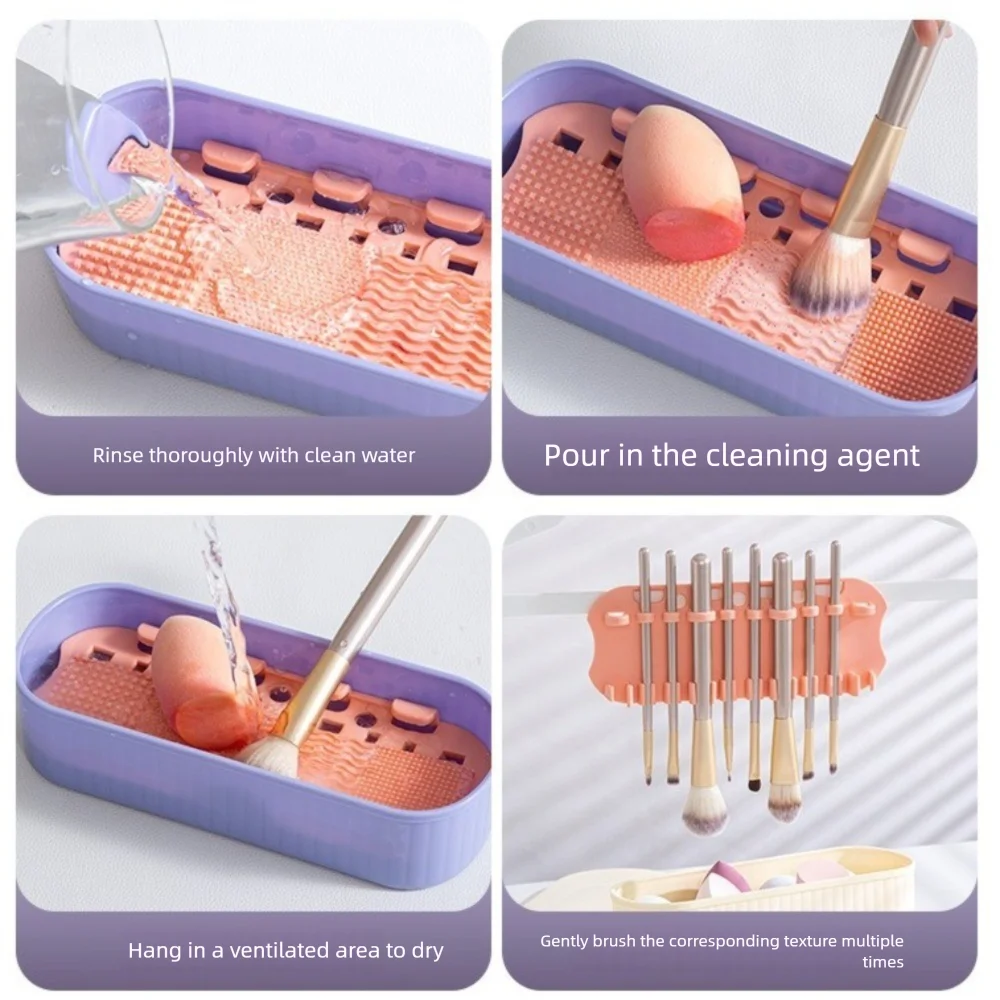 3-in-1 Makeup Brush Cleaning Box Multifunction Drain Powder Puff Washer with Drying Holder Scrub Cup Beauty Egg Drying Rack