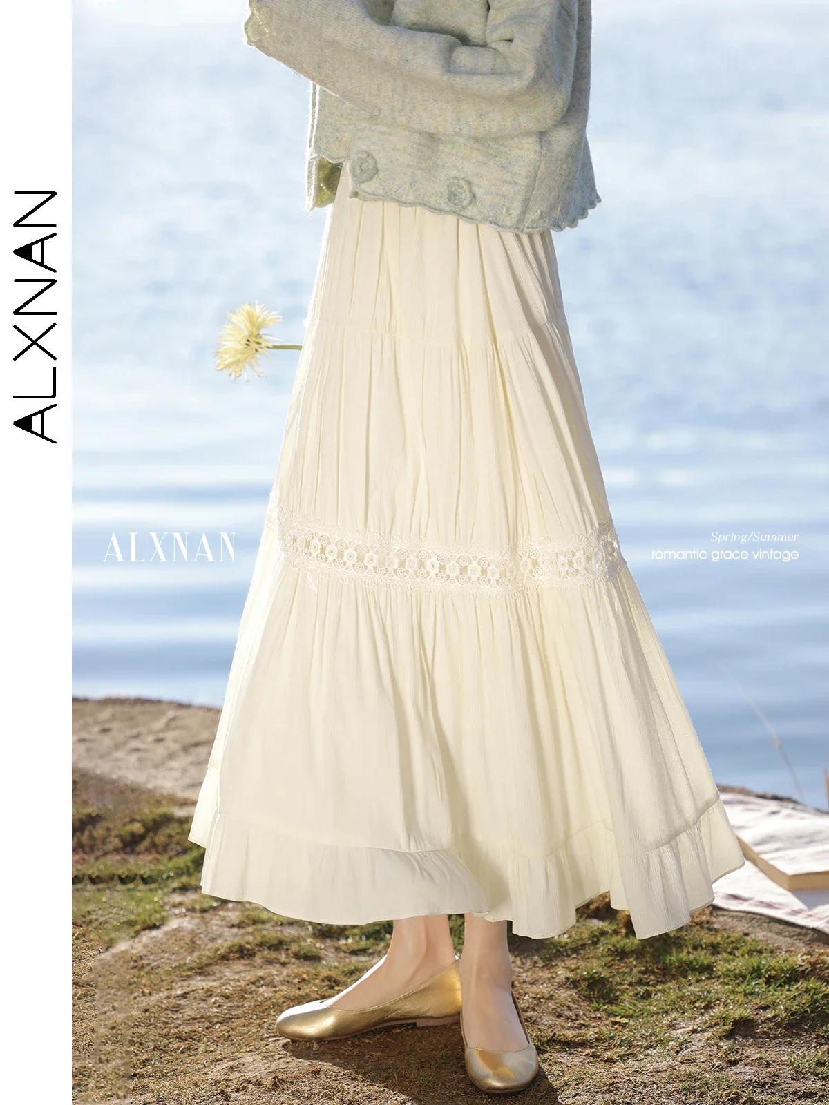 ALXNAN Plus Size French Long Skirt Women Summer Apricot A-line Pleated High-waist Skirts Casual Loose-fit Female Clothing D09157