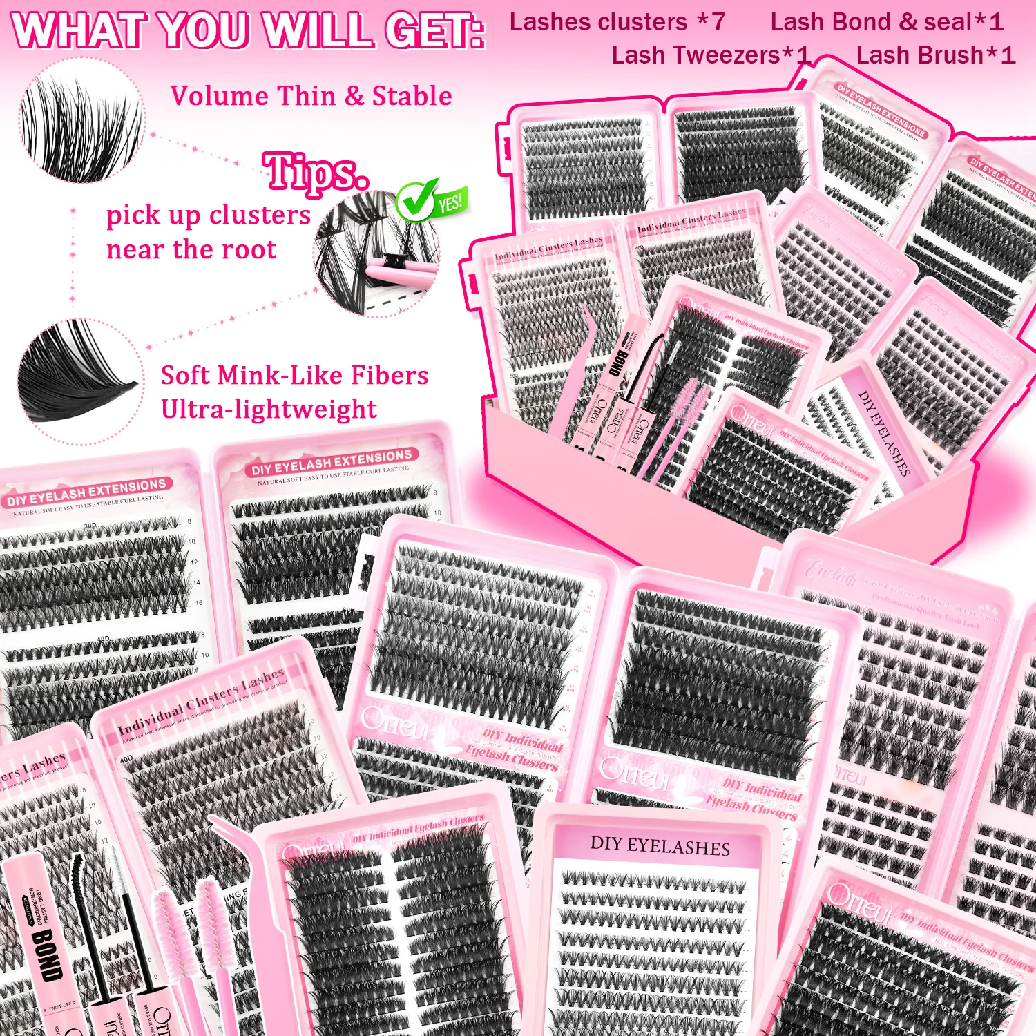 2856Pcs DIY Cluster Lashes Kit 30D-100D 8-16mm Mixed Length Individual Eyelash Extensions with Bond Seal Tweezers Brush