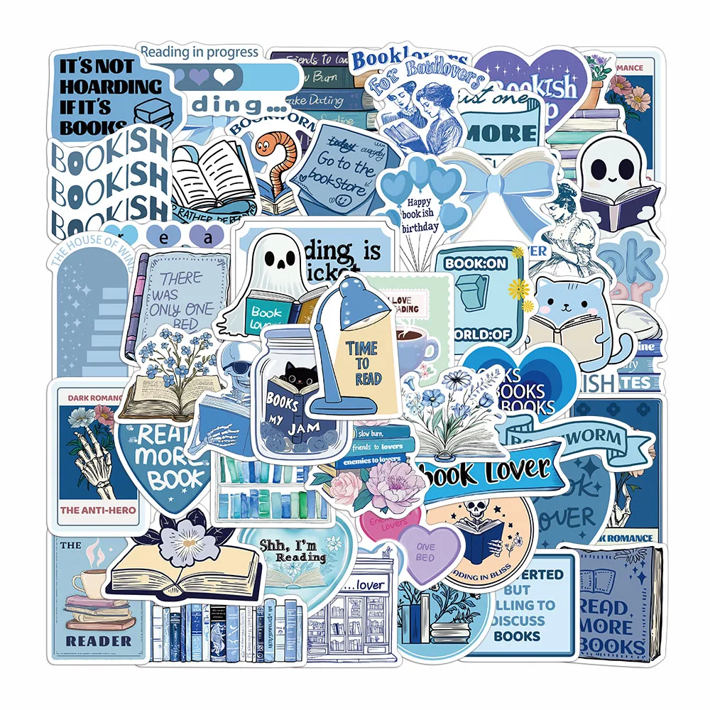 50PCS Blue Bookish Sticker Ins Wind Decoration Notebook Desktop Hand Account Water Cup Refrigerator Sticker Waterproof