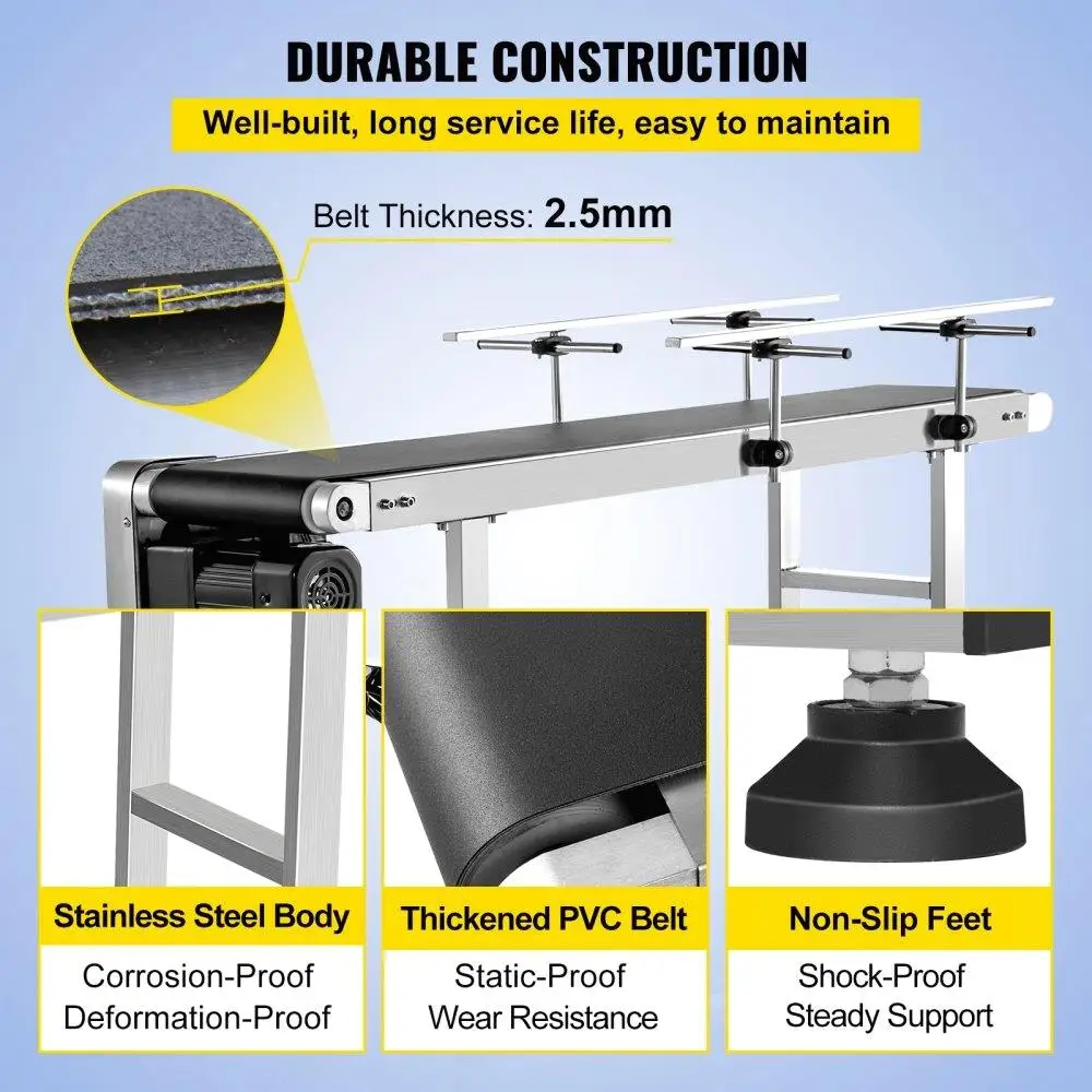 47-Inch Motorized PVC Belt Conveyor - 7.8-Inch Wide Industrial Transport Table with Double Guardrails & Anti-Static Adjustable