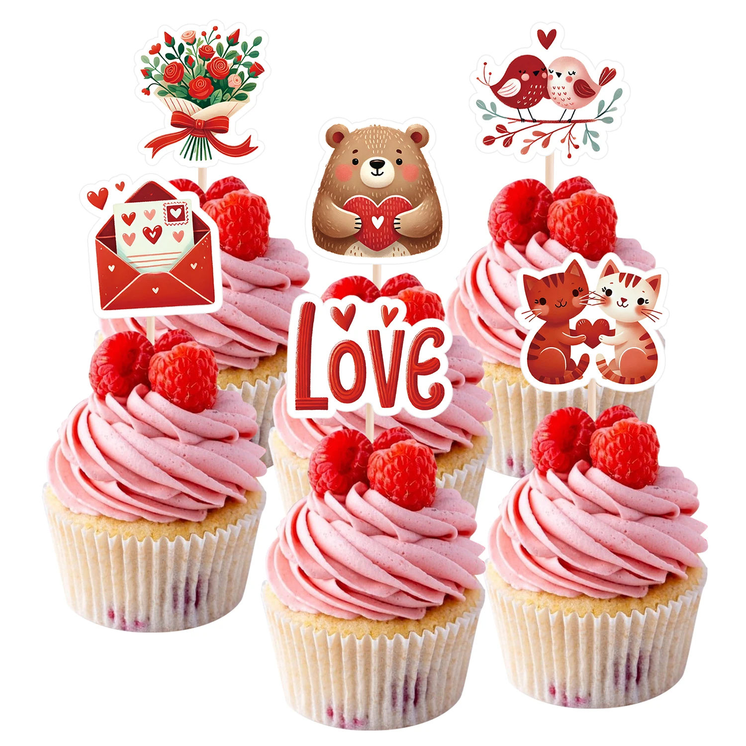 30 teile/satz Cartoon Valentinstag Bär Blume Cupcake Topper Rot Liebe Topper Für Hochzeit Valentinstag Party DIY Cupcake Dekoration