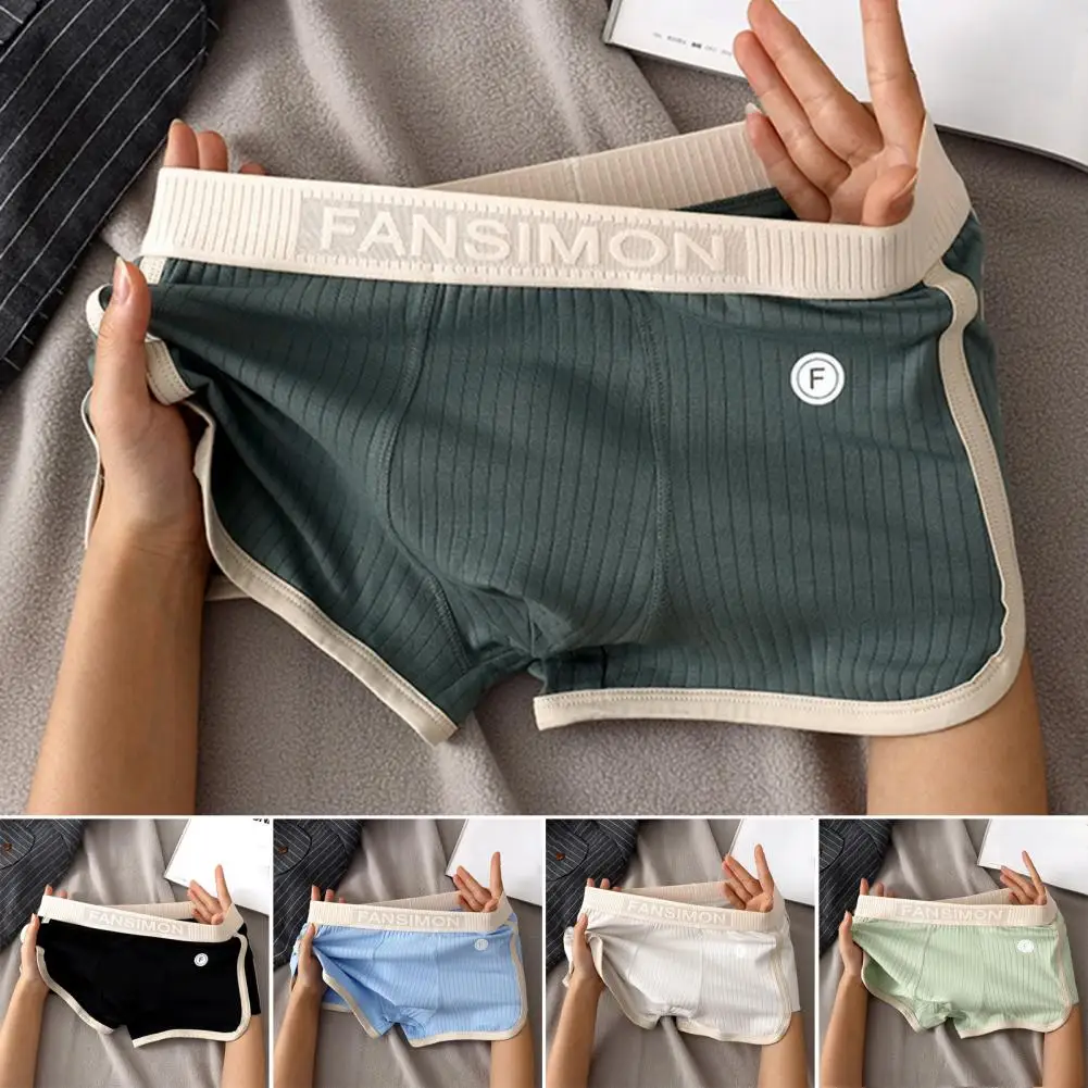 Men Boxer Underwear Mid-rise Elastic Waistband U-Convex Shorts Briefs Patchwork Color Striped Cotton Breathable Ribbed Underwear