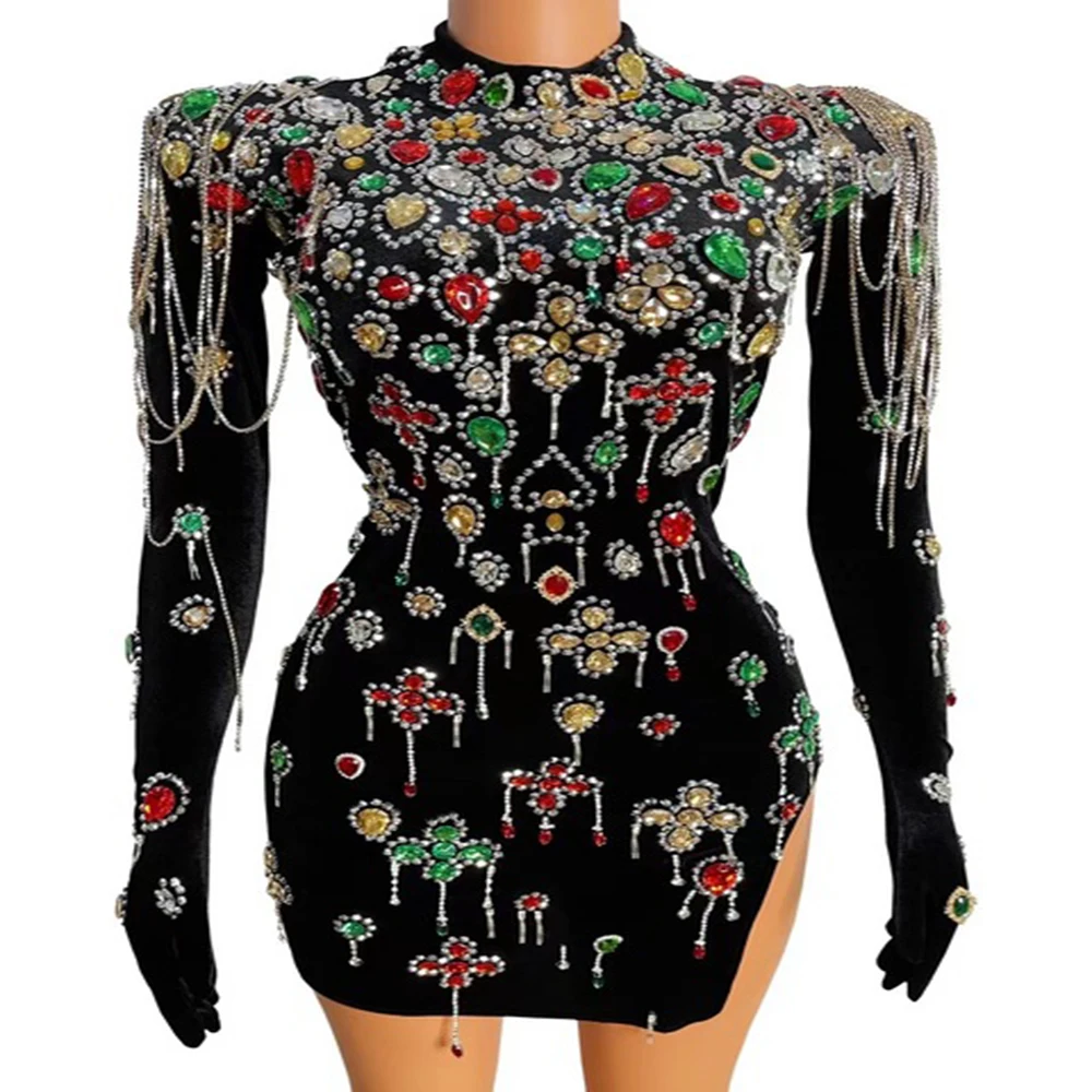 

Luxury Birthday Dress Colorful Crystals Turtleneck Black Velvet Dresses Evening Sexy Chains Dance Costume