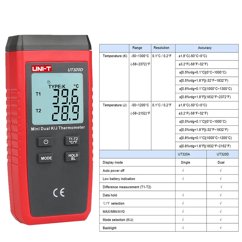 UNI-T UT320D termometr higrometr Thermokoppel typ kontaktu podwójny kanał K/J miernik temperatury UT320A higrometr tester