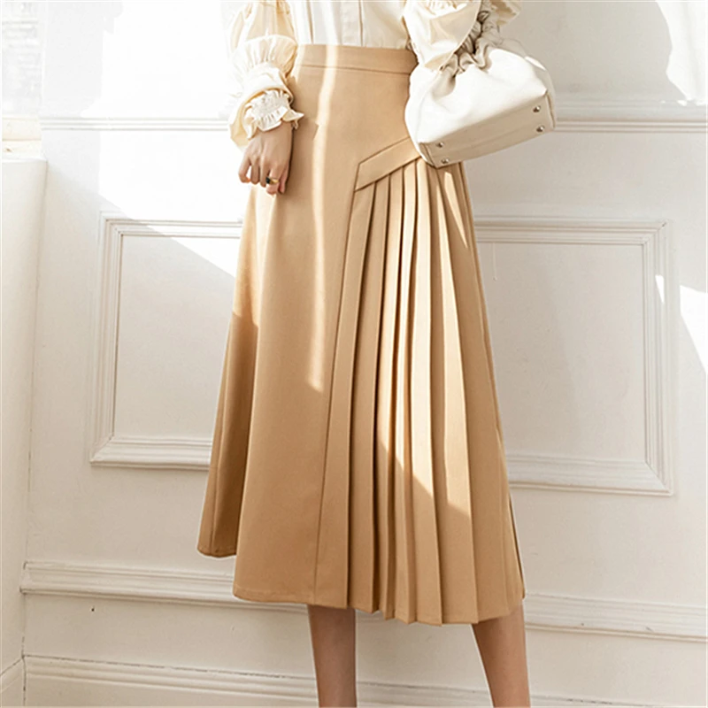 Irregular Pleated Patchwork Women\'s Skirts Summer 2024 Spring New Office Lady A-Line Mid Length Casual Skirts Female Spring