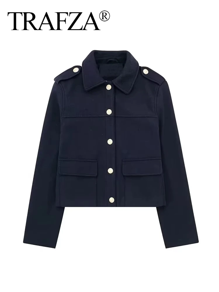 TRAFZA Female Autumn Fashion Casual Jacket Long Sleeves Lapel Coat Women\'s Chic Loose Single-breasted Solid Navy Retro Jacket