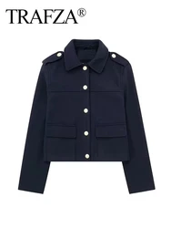 TRAFZA Female Autumn Fashion Casual Jacket Long Sleeves Lapel Coat Women's Chic Loose Single-breasted Solid Navy Retro Jacket