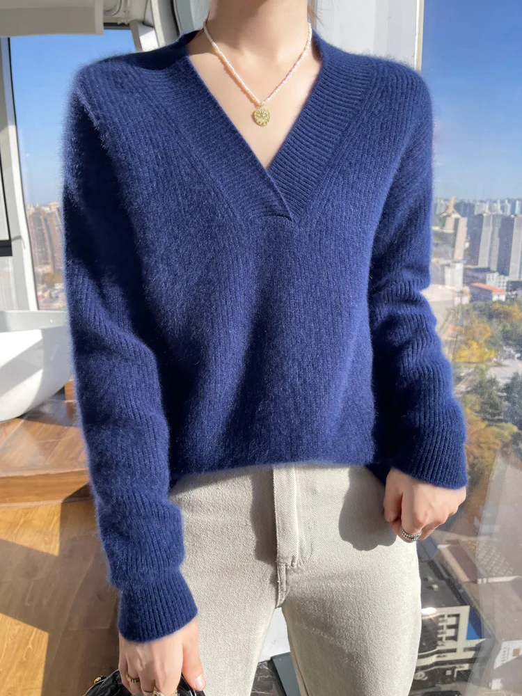 New Chic Women's V-neck Sweater Autumn Winter Thick Warm Casual Pullover 100% Merino Wool Knitwear Korean Popular Clothes Tops