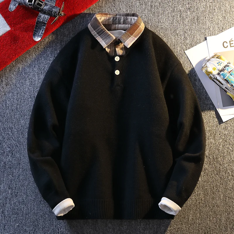 

Men's Pullover Lapel Fake Two-piece Shirt Sweater Base Shirt Casual Fashion Top