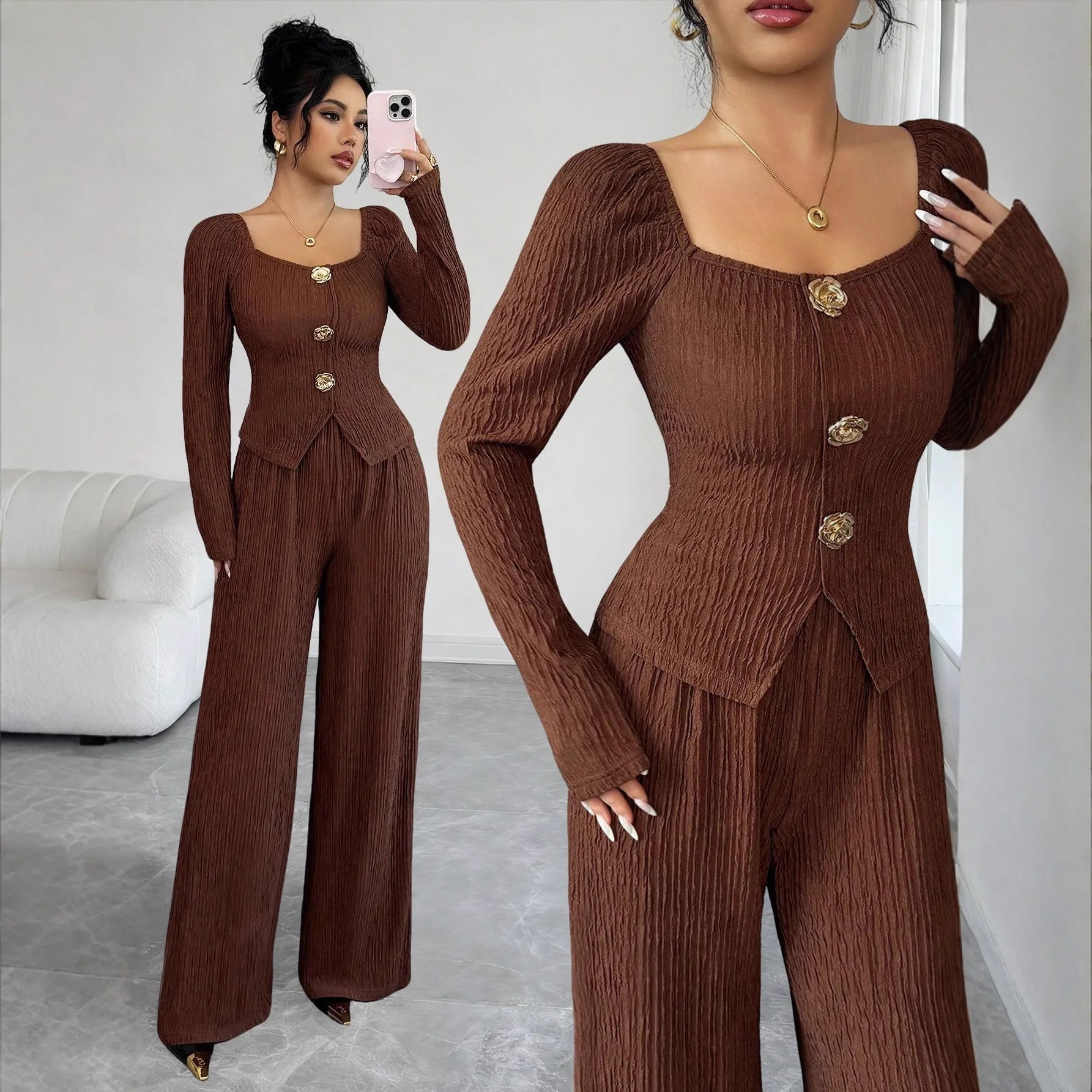 2026 New Knitted Textured Solid Color Square Collar Metal Rose Buckle Slim Fit Fashion Suit For Women Bandage